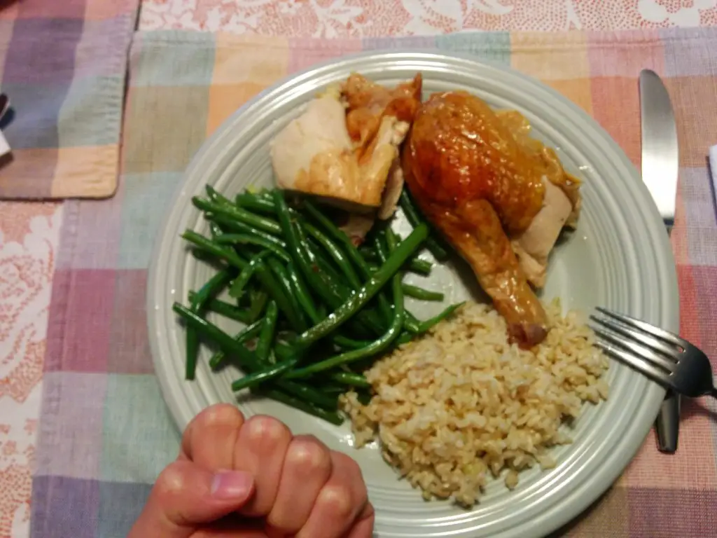 Chicken thigh, green beans, and brown rice